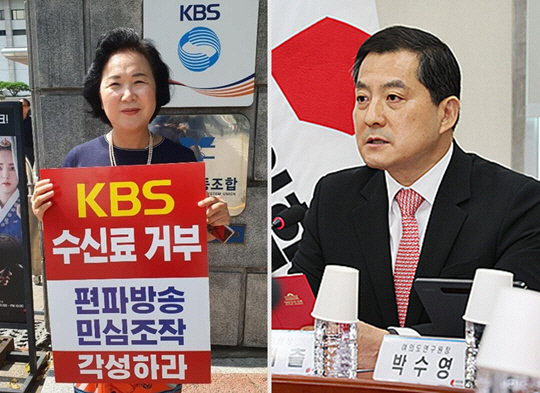 박대출(오른쪽) 국민의힘 정책위원회 의장은 11일 이순임(왼쪽) 전 MBC 공정방송노동조합 위원장이 2018년 11월 MBC 내부 비판성명 활동으로 인해 사측으로부터 당한 형사고발 사건에 이어 정직 2개월 처분 무효소송에 연이어 승소했다고 전하며 '문재인 정부-민주노총 언론노조 방송장악' 주장을 이어갔다.<이순임 전 MBC 국장 페이스북 사진, 국민의힘 홈페이지 사진 갈무리>